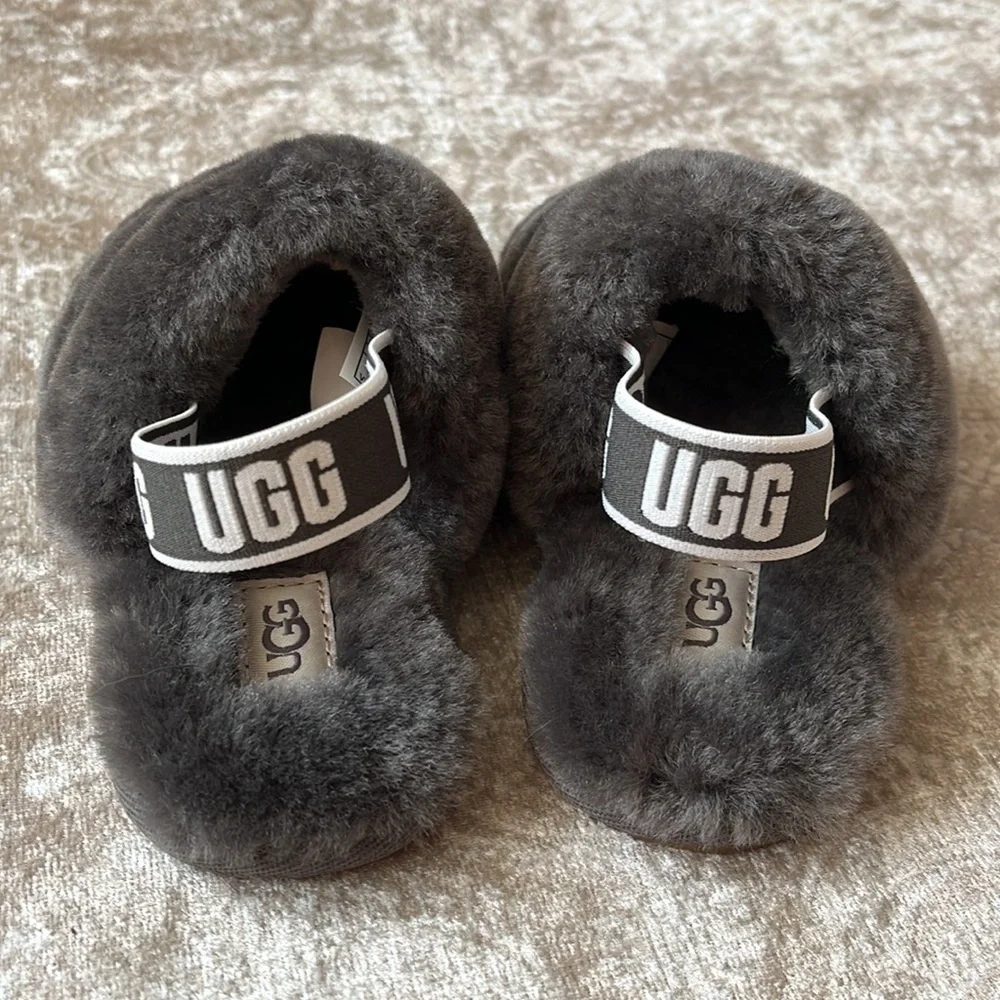 Brand New UGG Fluff Yeah Slides Baby & Toddler Gray Genuine Sheepskin Slipper